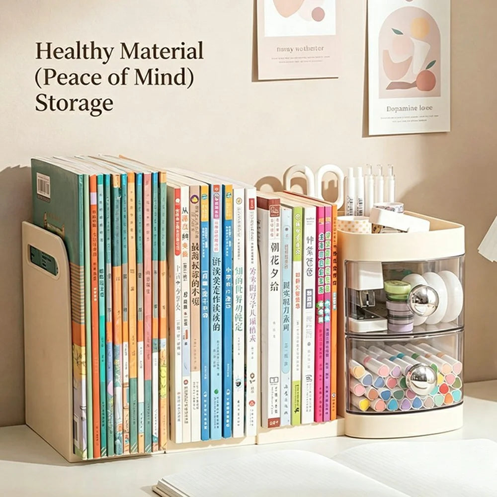 Retractable Desktop Bookshelf Organizer Multi-Functional File Stationery Storage Rack with Drawer for Office - Cream White - 4