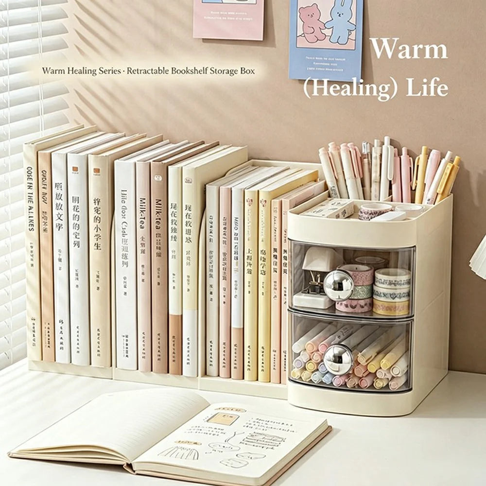Retractable Desktop Bookshelf Organizer Multi-Functional File Stationery Storage Rack with Drawer for Office - Cream White - 5