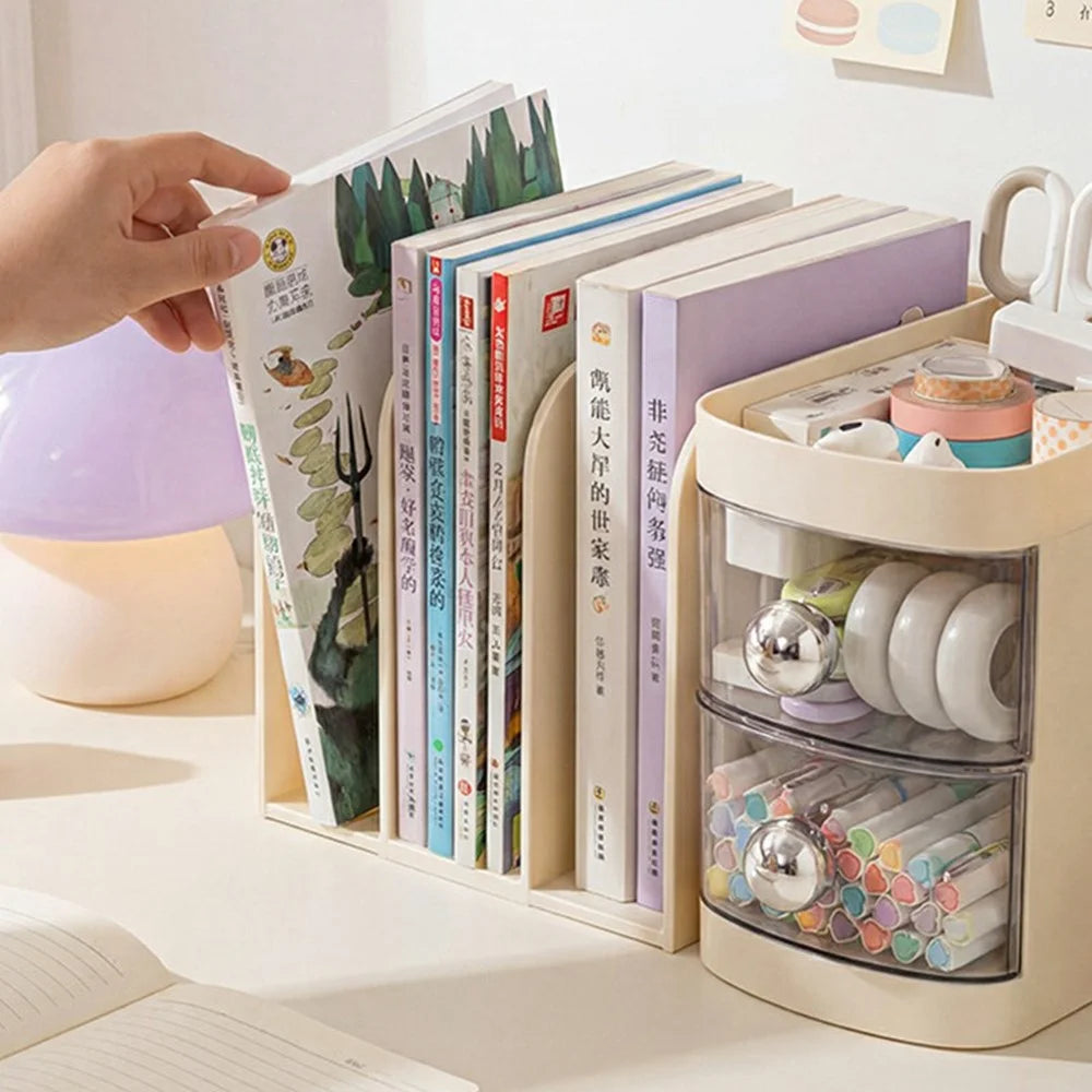 Retractable Desktop Bookshelf Organizer Multi-Functional File Stationery Storage Rack with Drawer for Office - Cream White - 6