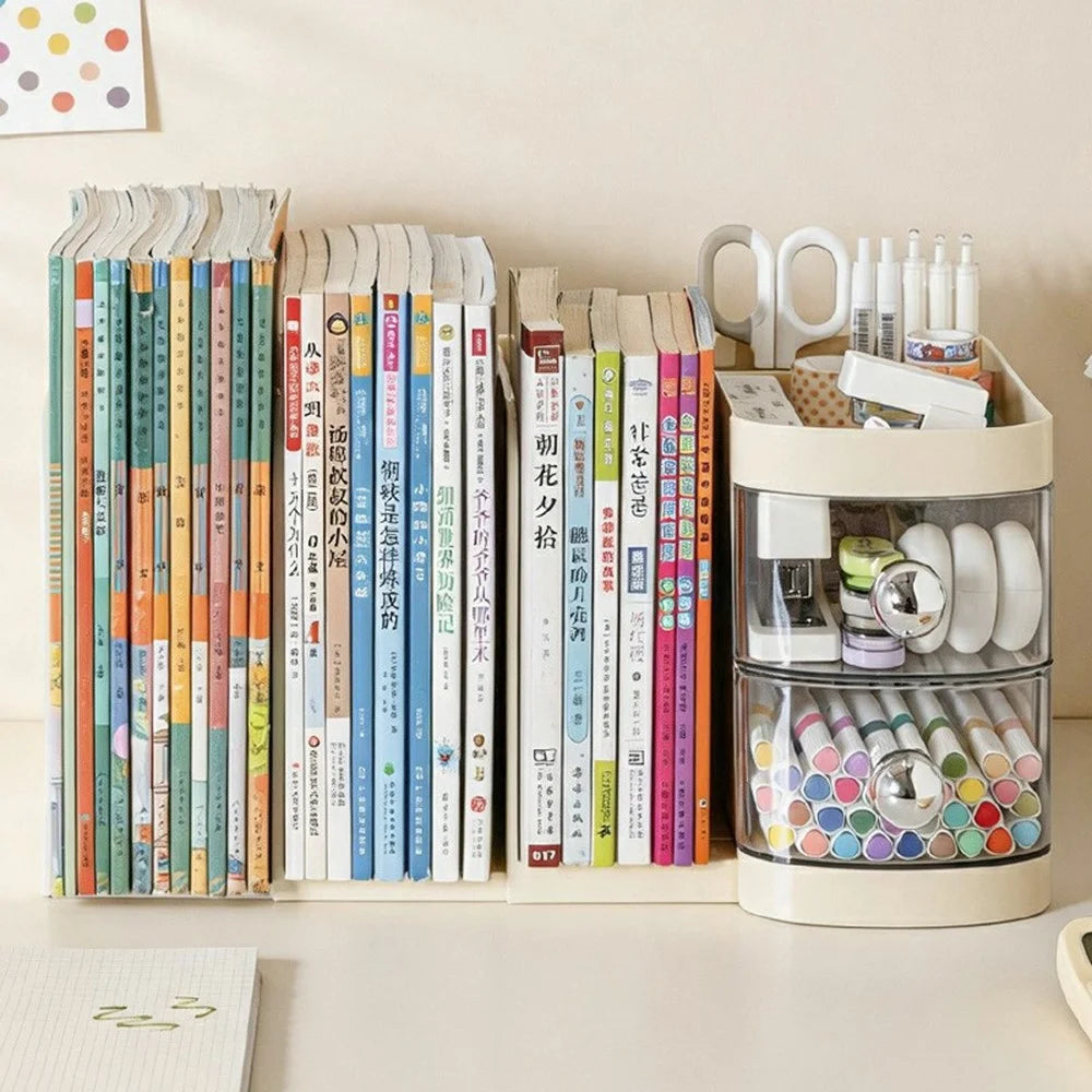 Retractable Desktop Bookshelf Organizer Multi-Functional File Stationery Storage Rack with Drawer for Office - Cream White - 7