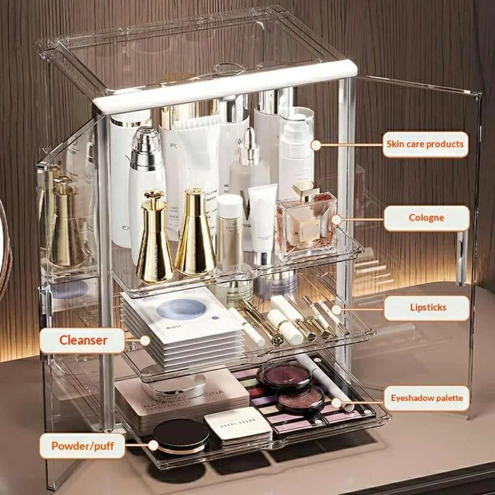 Clear Acrylic Makeup Organizer 3-Tier Dual-Door Dustproof Vanity Storage Box for Skincare Cosmetics - Transparent - 2
