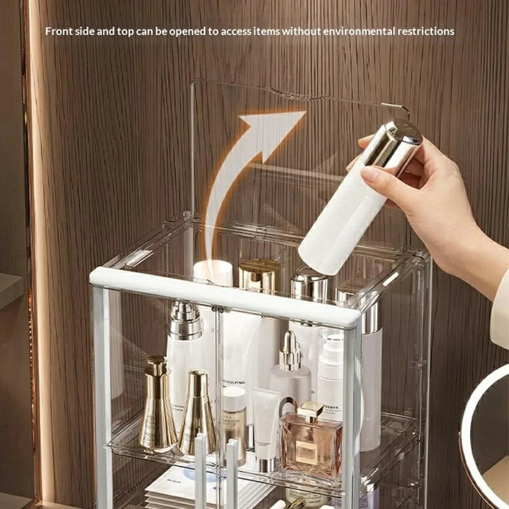Clear Acrylic Makeup Organizer 3-Tier Dual-Door Dustproof Vanity Storage Box for Skincare Cosmetics - Transparent - 3