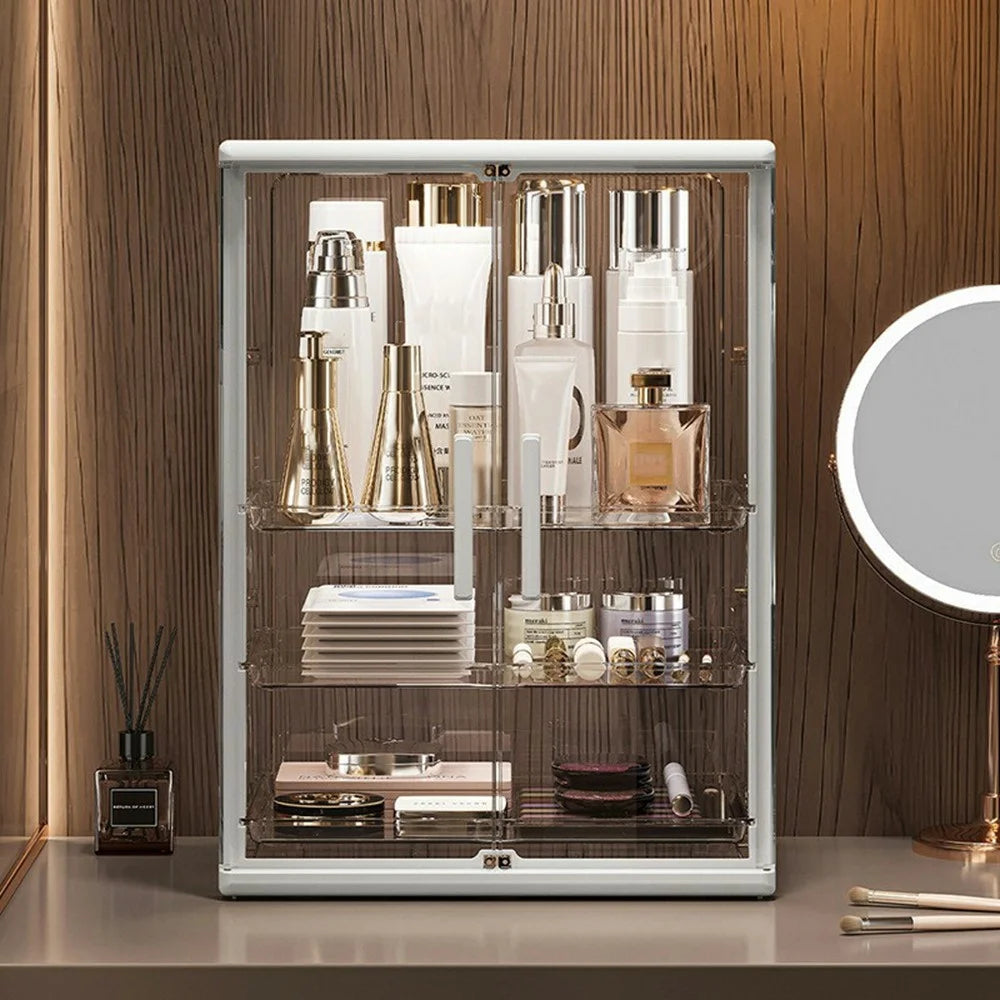 Clear Acrylic Makeup Organizer 3-Tier Dual-Door Dustproof Vanity Storage Box for Skincare Cosmetics - Transparent - 7