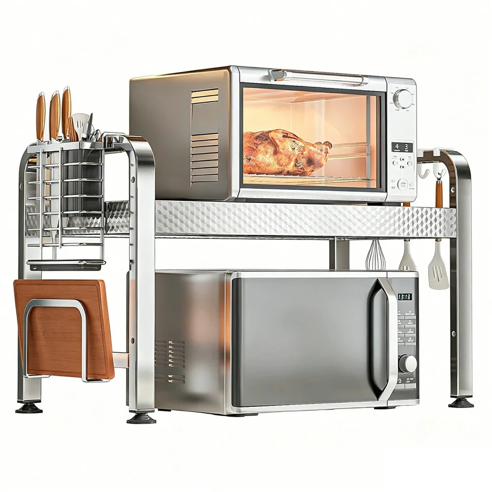 2-Layer Stainless Steel Kitchen Microwave Oven Rack with Cutting Board Rack & Cutlery Rack Printed Panel Kitchen Counter Storage Microwave Stand with Hooks - 1