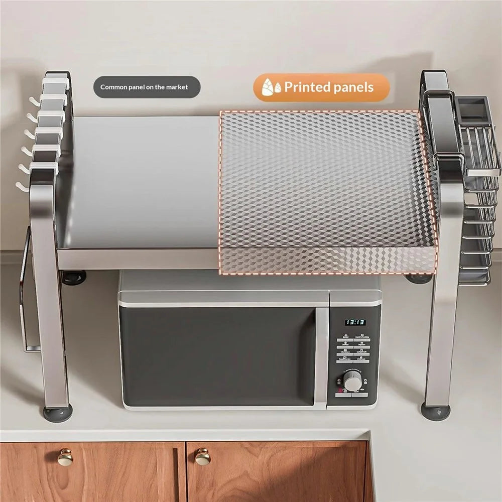 2-Layer Stainless Steel Kitchen Microwave Oven Rack with Cutting Board Rack & Cutlery Rack Printed Panel Kitchen Counter Storage Microwave Stand with Hooks - 2