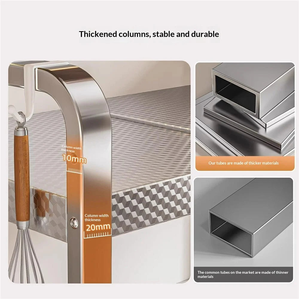 2-Layer Stainless Steel Kitchen Microwave Oven Rack with Cutting Board Rack & Cutlery Rack Printed Panel Kitchen Counter Storage Microwave Stand with Hooks - 5