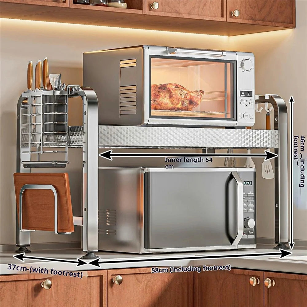 2-Layer Stainless Steel Kitchen Microwave Oven Rack with Cutting Board Rack & Cutlery Rack Printed Panel Kitchen Counter Storage Microwave Stand with Hooks - 6