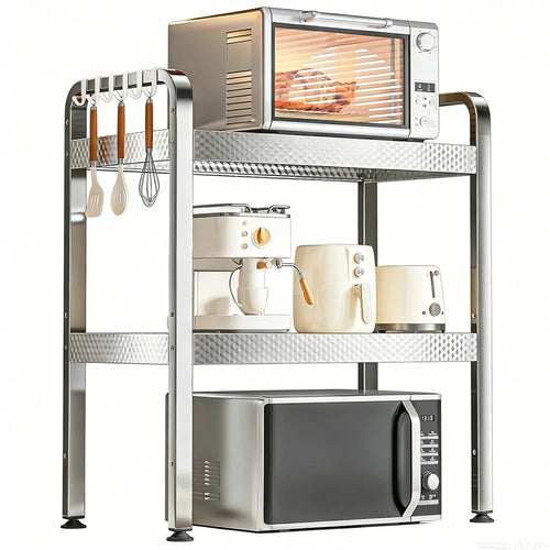 3-Layer Stainless Steel Kitchen Microwave Oven Rack Printed Panel Kitchen Counter Storage Microwave Stand with Hooks - 1