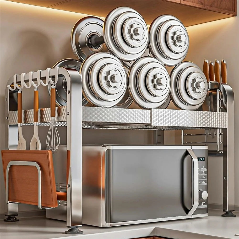 3-Layer Stainless Steel Kitchen Microwave Oven Rack Printed Panel Kitchen Counter Storage Microwave Stand with Hooks - 3