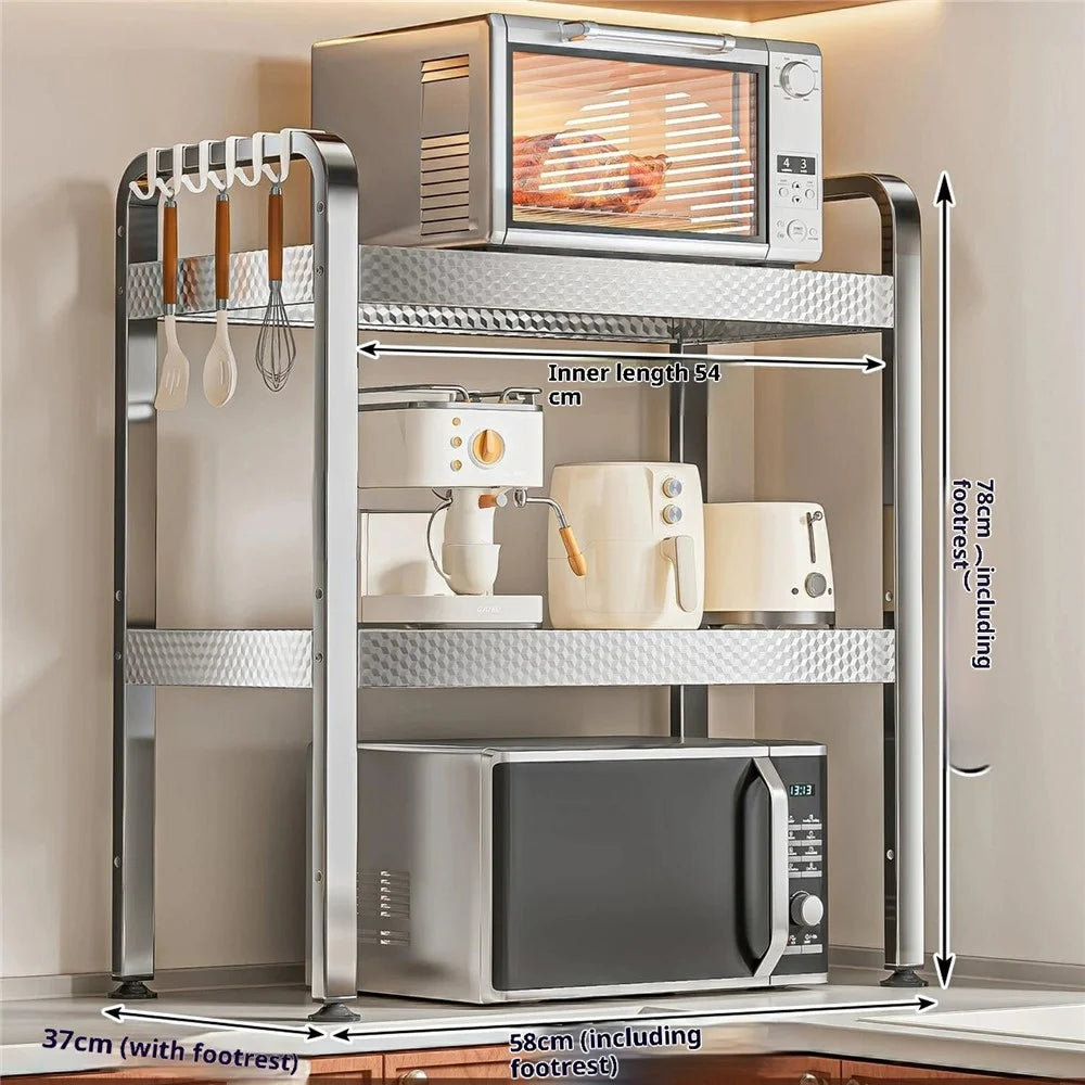 3-Layer Stainless Steel Kitchen Microwave Oven Rack Printed Panel Kitchen Counter Storage Microwave Stand with Hooks - 6