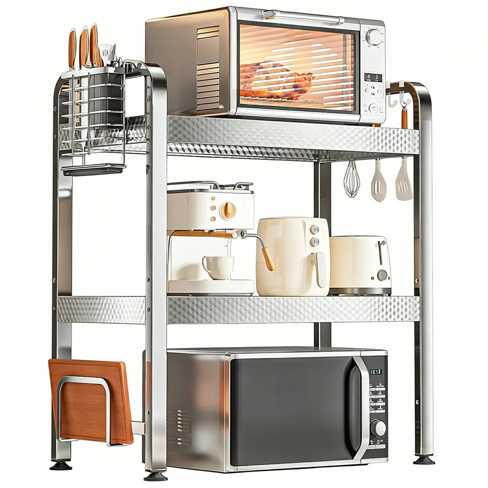 3-Layer Stainless Steel Kitchen Microwave Oven Rack with Cutting Board Rack & Cutlery Rack Printed Panel Kitchen Counter Storage Microwave Stand with Hooks - 1