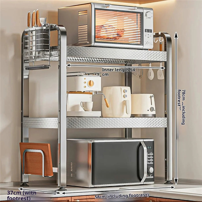3-Layer Stainless Steel Kitchen Microwave Oven Rack with Cutting Board Rack & Cutlery Rack Printed Panel Kitchen Counter Storage Microwave Stand with Hooks - 3