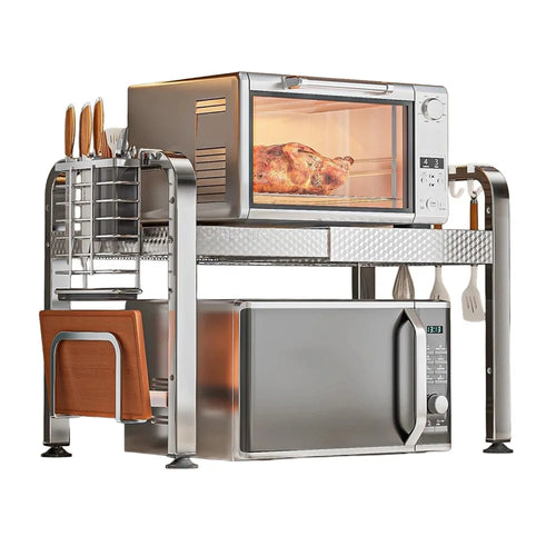 2-Tier Stainless Steel Microwave Rack with Cutting Board Rack & Cutlery Rack Extendable 40-64cm Kitchen Counter Organizer with Hooks - 1