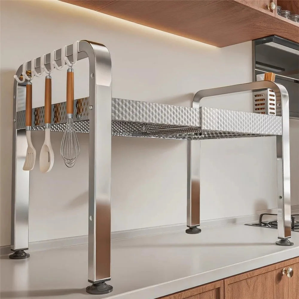 2-Tier Stainless Steel Microwave Rack with Cutting Board Rack & Cutlery Rack Extendable 40-64cm Kitchen Counter Organizer with Hooks - 4