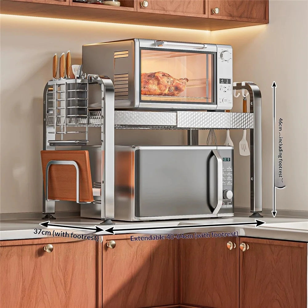 2-Tier Stainless Steel Microwave Rack with Cutting Board Rack & Cutlery Rack Extendable 40-64cm Kitchen Counter Organizer with Hooks - 7