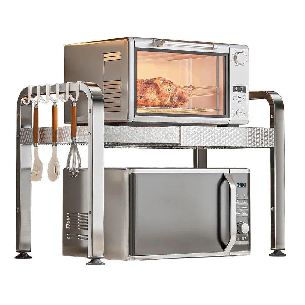 2-Tier Stainless Steel Microwave Rack Extendable 40-64cm Kitchen Counter Organizer with Hooks - 1