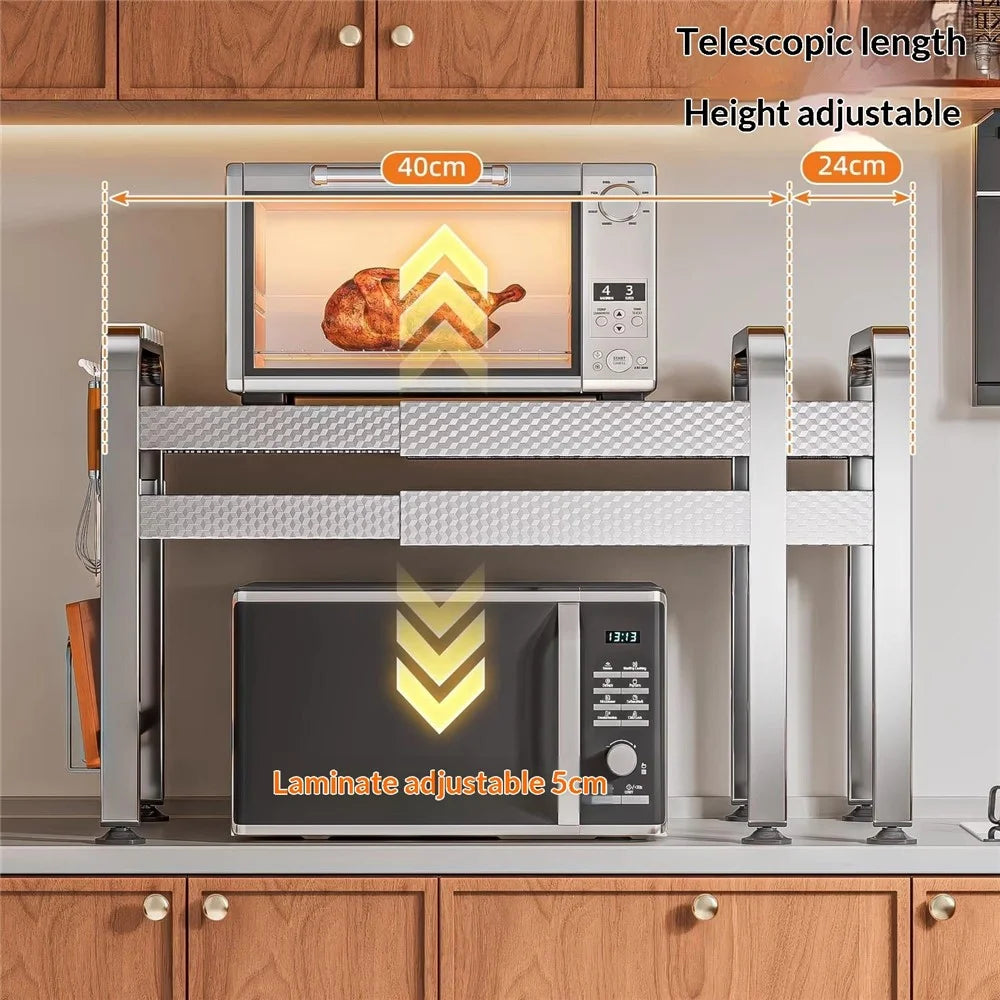 2-Tier Stainless Steel Microwave Rack Extendable 40-64cm Kitchen Counter Organizer with Hooks - 3