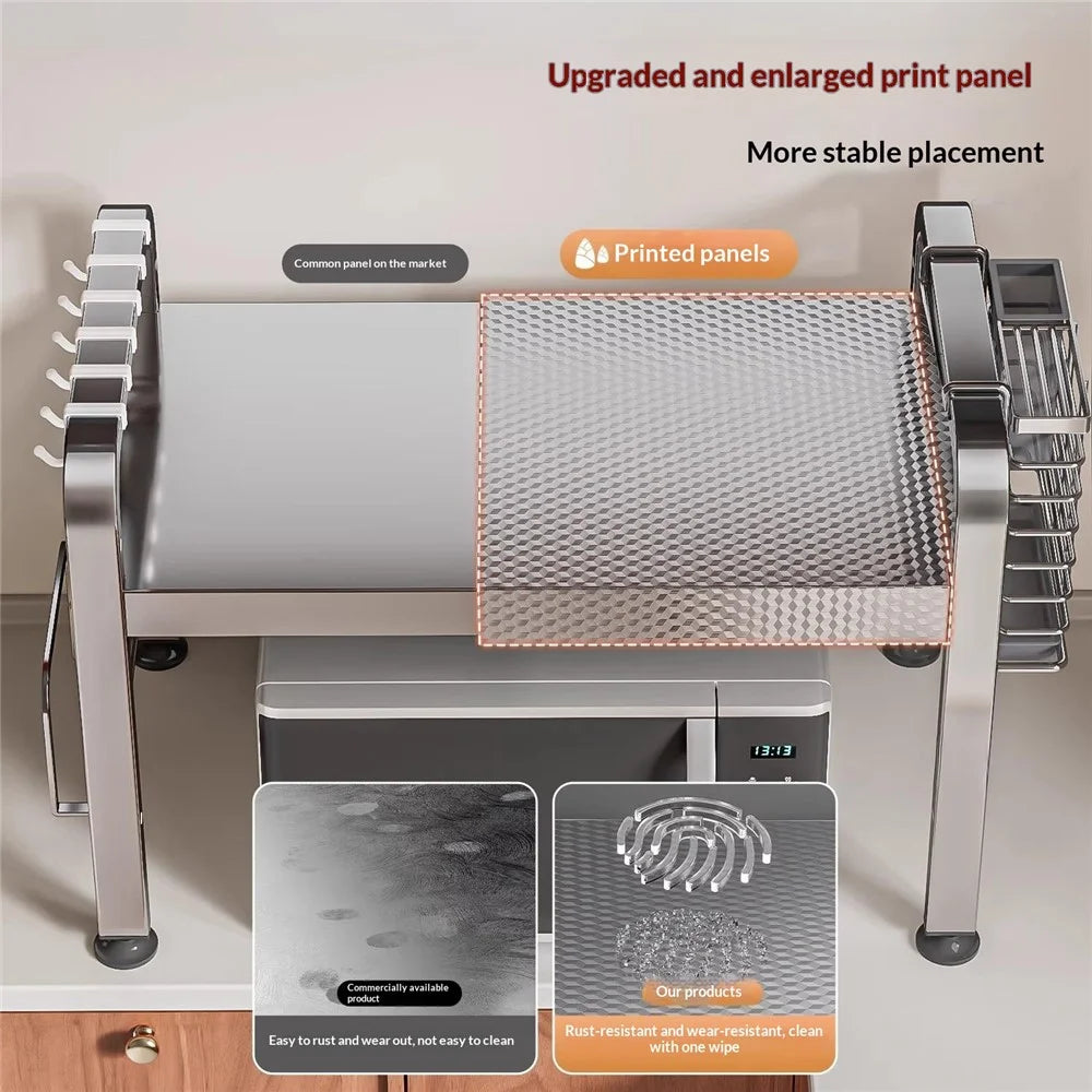 2-Tier Stainless Steel Microwave Rack Extendable 40-64cm Kitchen Counter Organizer with Hooks - 5