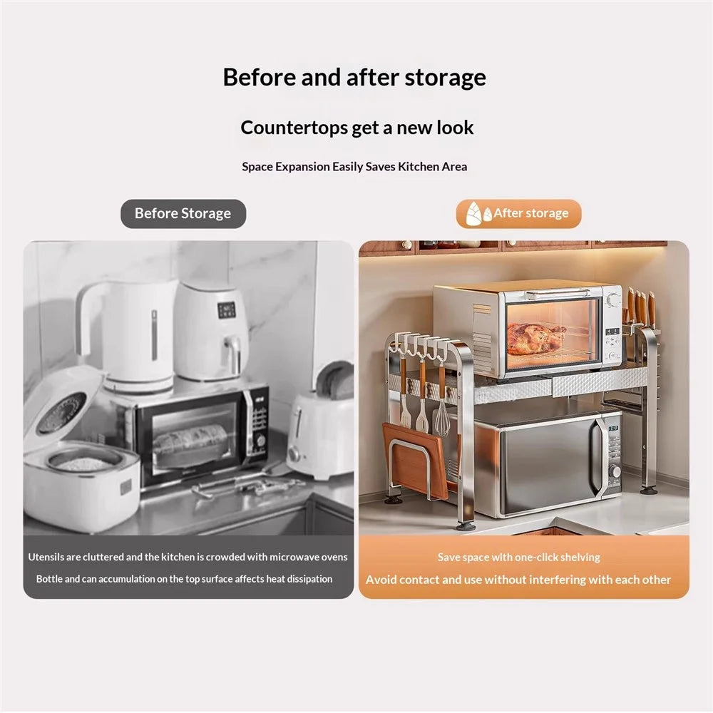 2-Tier Stainless Steel Microwave Rack Extendable 40-64cm Kitchen Counter Organizer with Hooks - 6