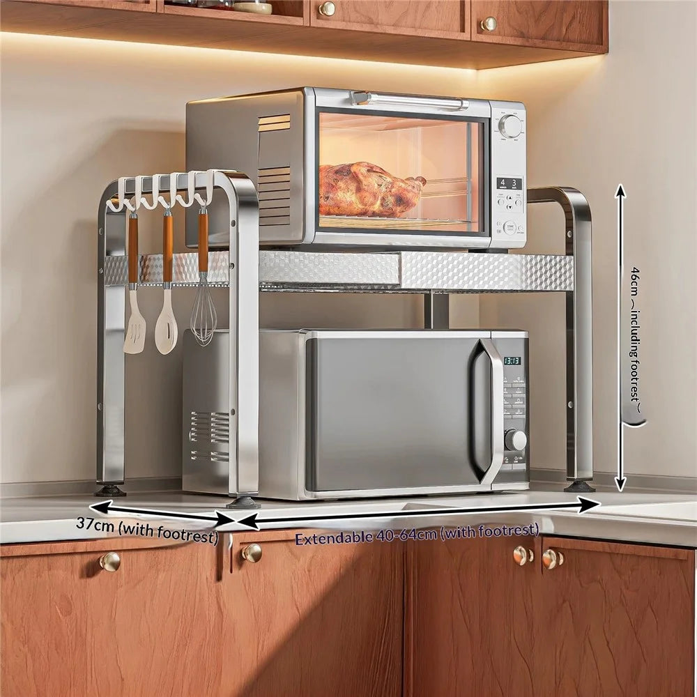 2-Tier Stainless Steel Microwave Rack Extendable 40-64cm Kitchen Counter Organizer with Hooks - 7