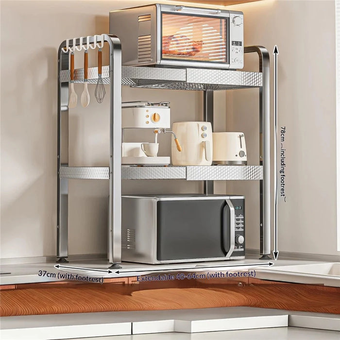 3-Tier Stainless Steel Microwave Rack Extendable 40-64cm Kitchen Counter Organizer with Hooks - 1