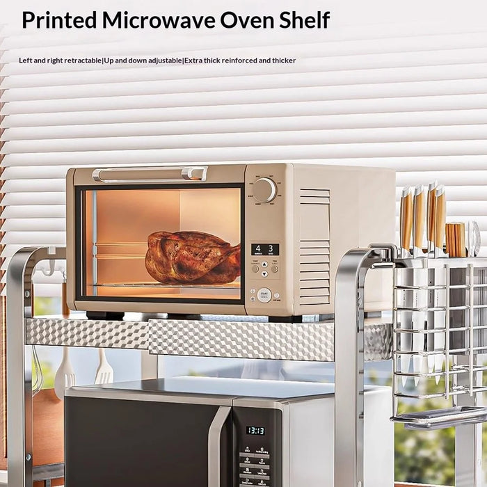 3-Tier Stainless Steel Microwave Rack Extendable 40-64cm Kitchen Counter Organizer with Hooks - 2