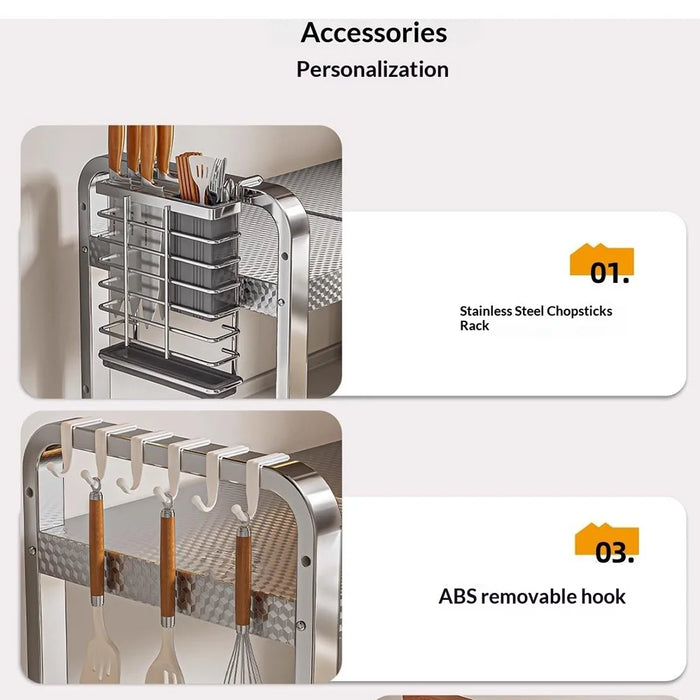 3-Tier Stainless Steel Microwave Rack Extendable 40-64cm Kitchen Counter Organizer with Hooks - 4