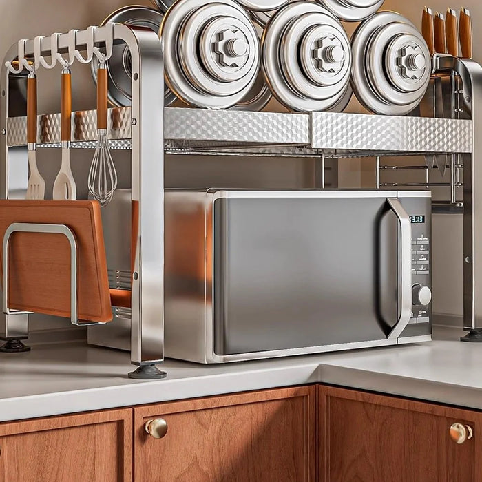 3-Tier Stainless Steel Microwave Rack Extendable 40-64cm Kitchen Counter Organizer with Hooks - 5