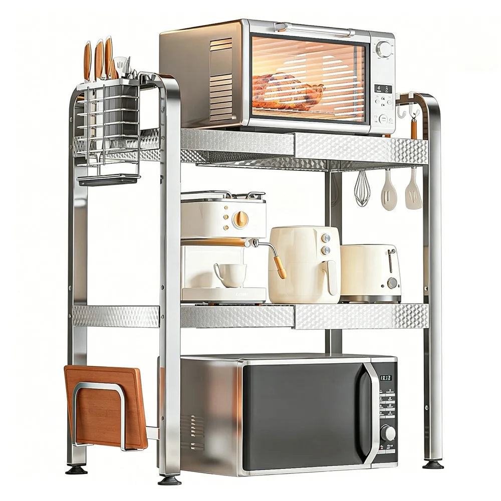 3-Tier Stainless Steel Microwave Oven Rack with Cutting Board Rack & Cutlery Rack Extendable 40-64cm Kitchen Counter Organizer Stand - 1
