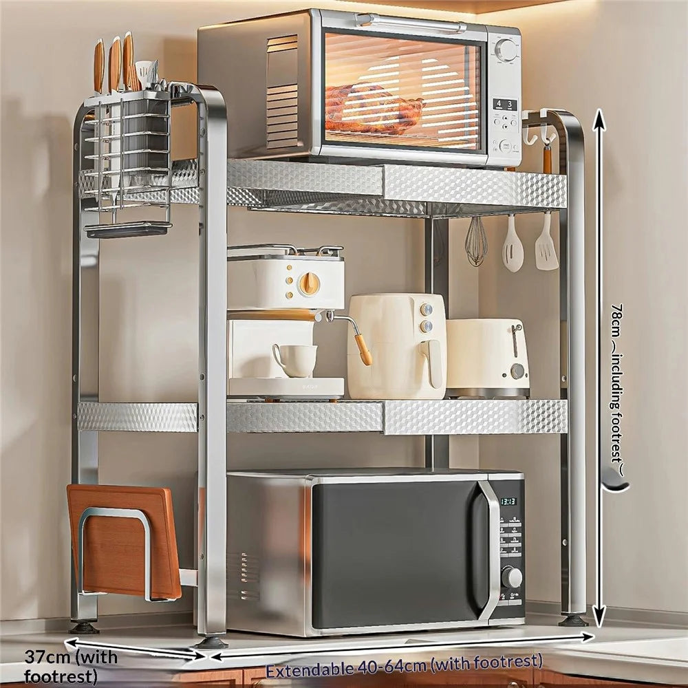 3-Tier Stainless Steel Microwave Oven Rack with Cutting Board Rack & Cutlery Rack Extendable 40-64cm Kitchen Counter Organizer Stand - 3