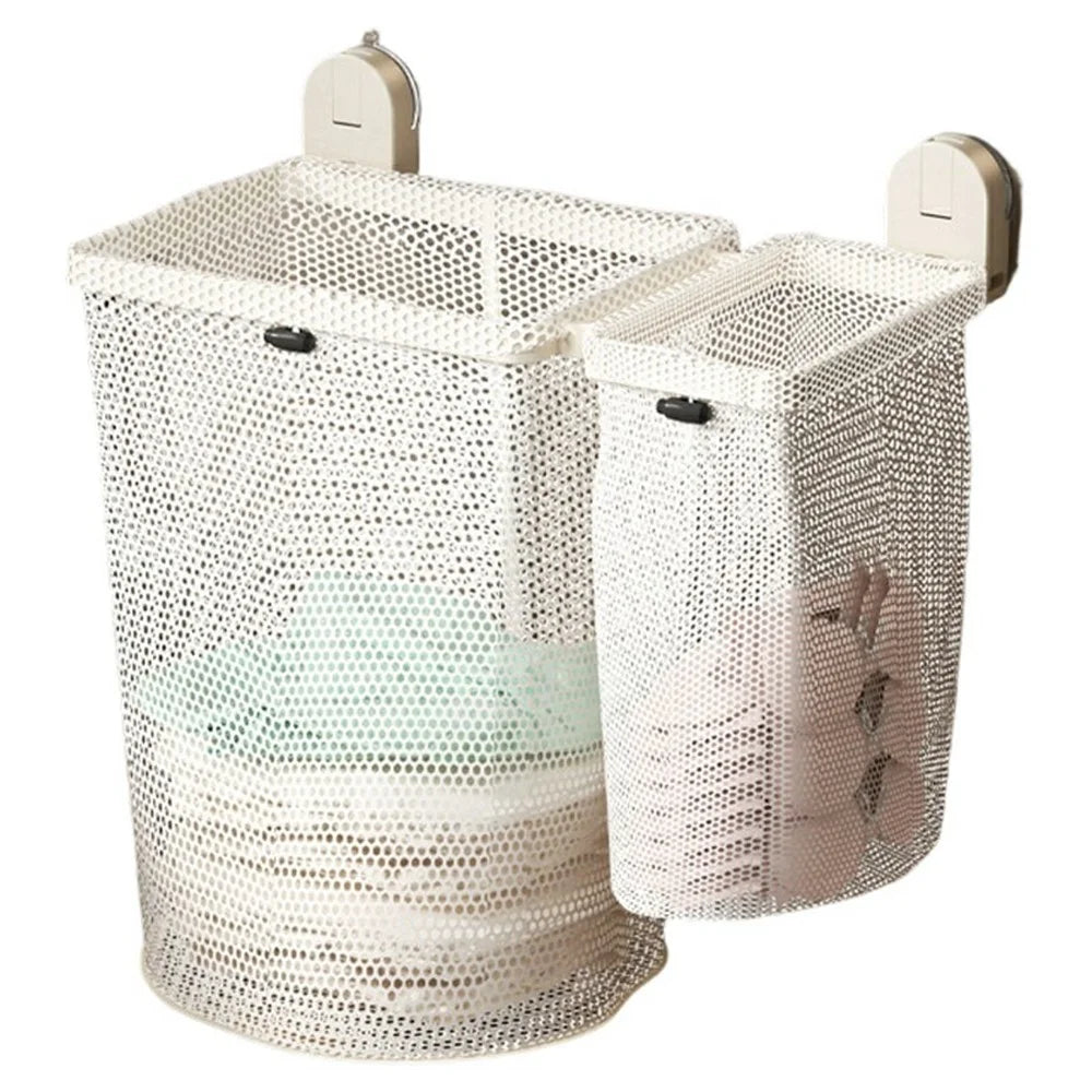 2-Compartment Foldable Wall Mounted Laundry Basket Suction Cup No Drill Dirty Clothes Hamper for Bathroom - White - 1