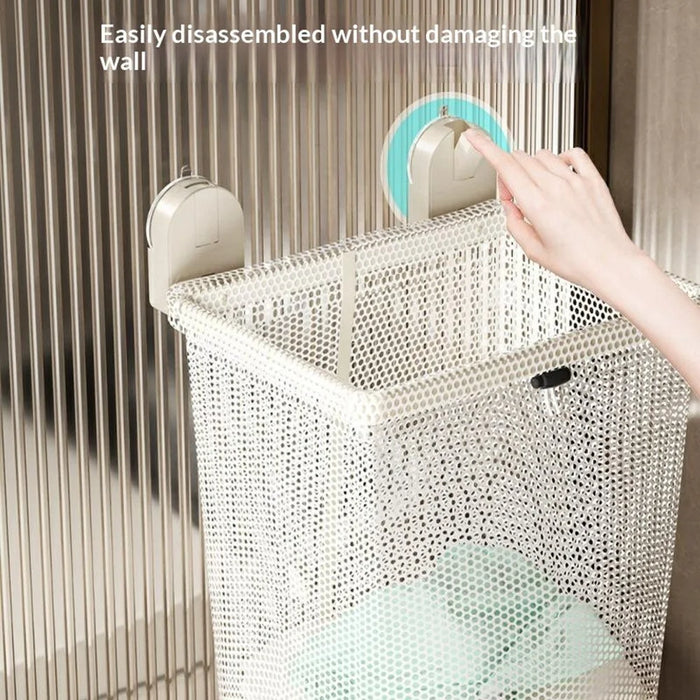 2-Compartment Foldable Wall Mounted Laundry Basket Suction Cup No Drill Dirty Clothes Hamper for Bathroom - White - 2