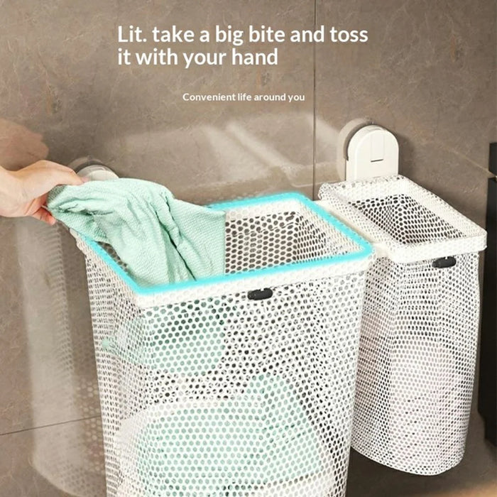 2-Compartment Foldable Wall Mounted Laundry Basket Suction Cup No Drill Dirty Clothes Hamper for Bathroom - White - 6