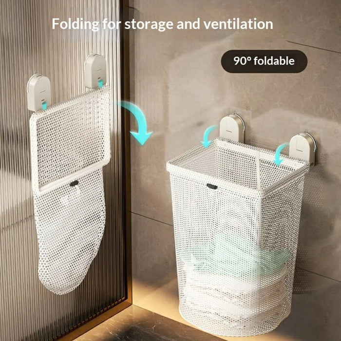 Wall-Mounted Bathroom Laundry Basket Foldable Suction Cup No Drill Dirty Clothes Hamper - White - 3