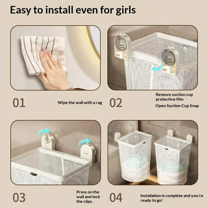 Wall-Mounted Bathroom Laundry Basket Foldable Suction Cup No Drill Dirty Clothes Hamper - White - 7