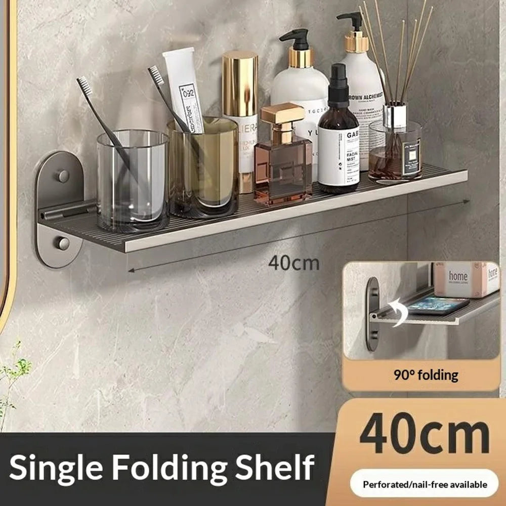 40x12x7cm Bathroom Aluminum Folding Wall Shelf No-Punch 90 Degree Foldable Storage Rack for Toilet Kitchen - 7