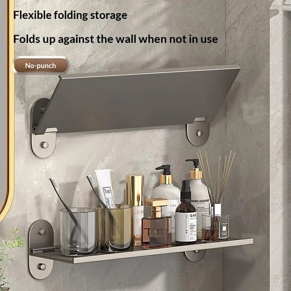 60x12x7cm Bathroom Aluminum Folding Wall Shelf No-Punch 90 Degree Foldable Storage Rack for Toilet Kitchen - 2