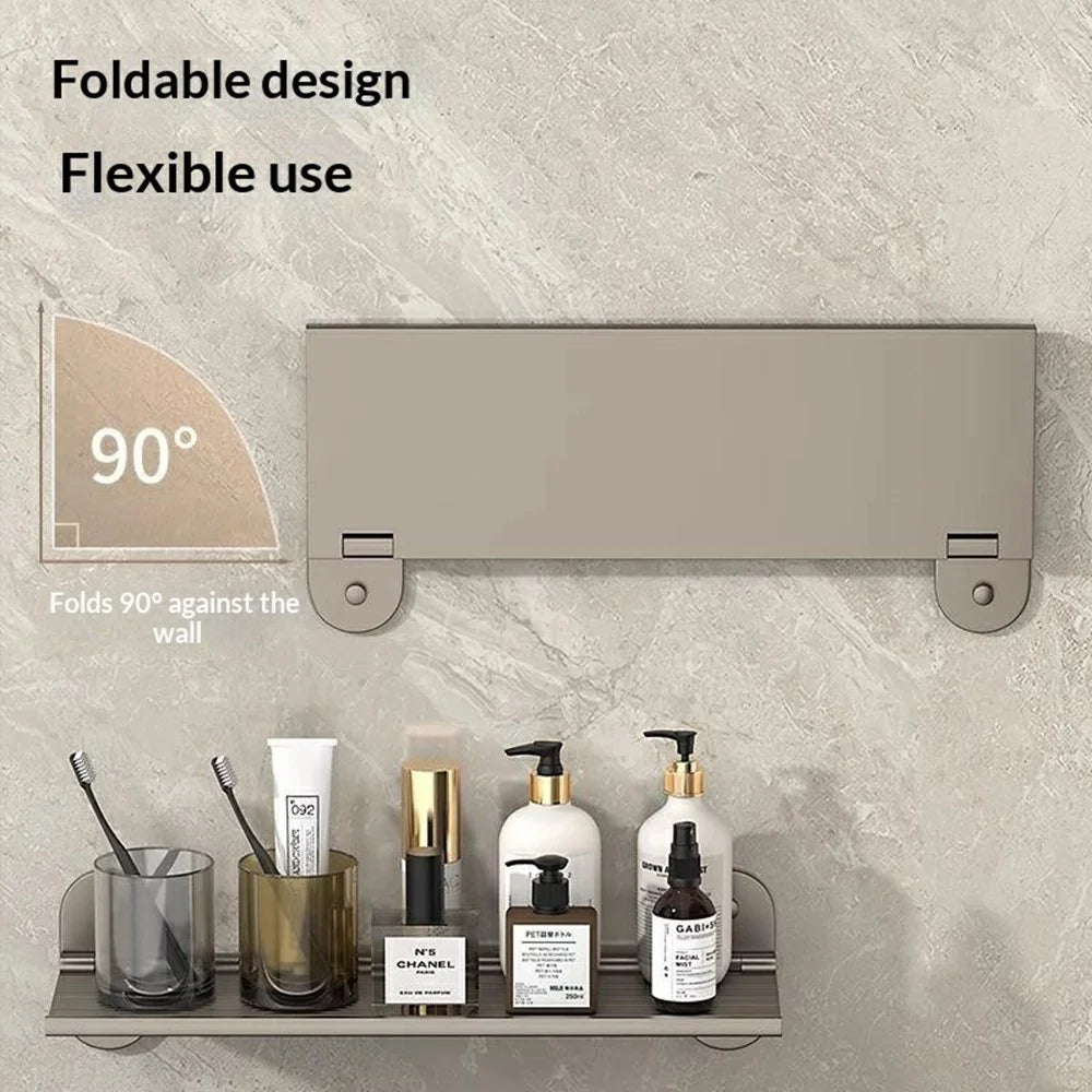 60x12x7cm Bathroom Aluminum Folding Wall Shelf No-Punch 90 Degree Foldable Storage Rack for Toilet Kitchen - 3