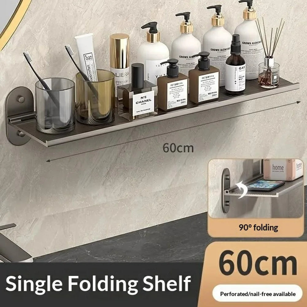 60x12x7cm Bathroom Aluminum Folding Wall Shelf No-Punch 90 Degree Foldable Storage Rack for Toilet Kitchen - 7