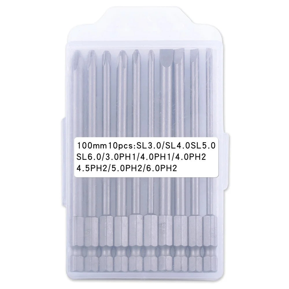 10PCS Hex Screwdriver Bit Heads Slotted Phillips Drill Head Set 100mm Length S2 Steel with Magnetic for Power Screwdriver Drill - 2