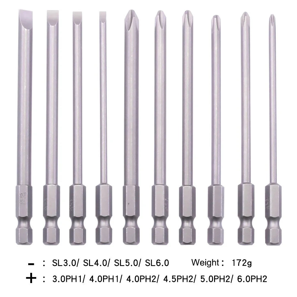 10PCS Hex Screwdriver Bit Heads Slotted Phillips Drill Head Set 100mm Length S2 Steel with Magnetic for Power Screwdriver Drill - 7