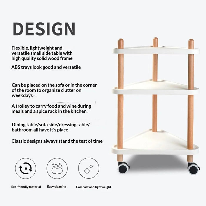 3-Tier Triangular Style Side Table Mobile Storage Cart Rolling Utility Cart Wood Frame ABS Tray Lockable Wheels Storage Rack for Kitchen Bedroom - 4