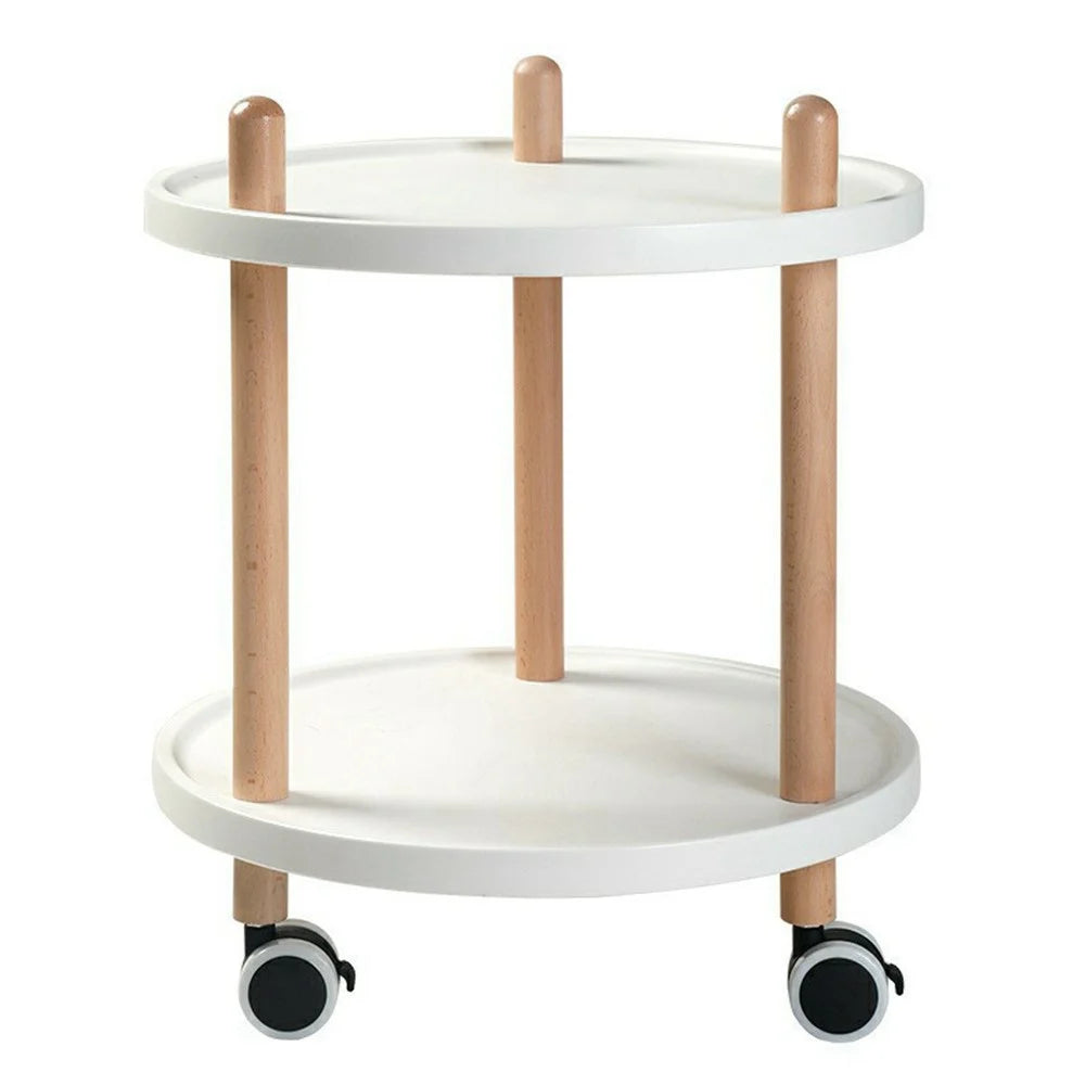 2-Tier Round Style Side Table Mobile Storage Cart Rolling Utility Cart Wood Frame ABS Tray Lockable Wheels Storage Rack for Kitchen Bedroom - 1