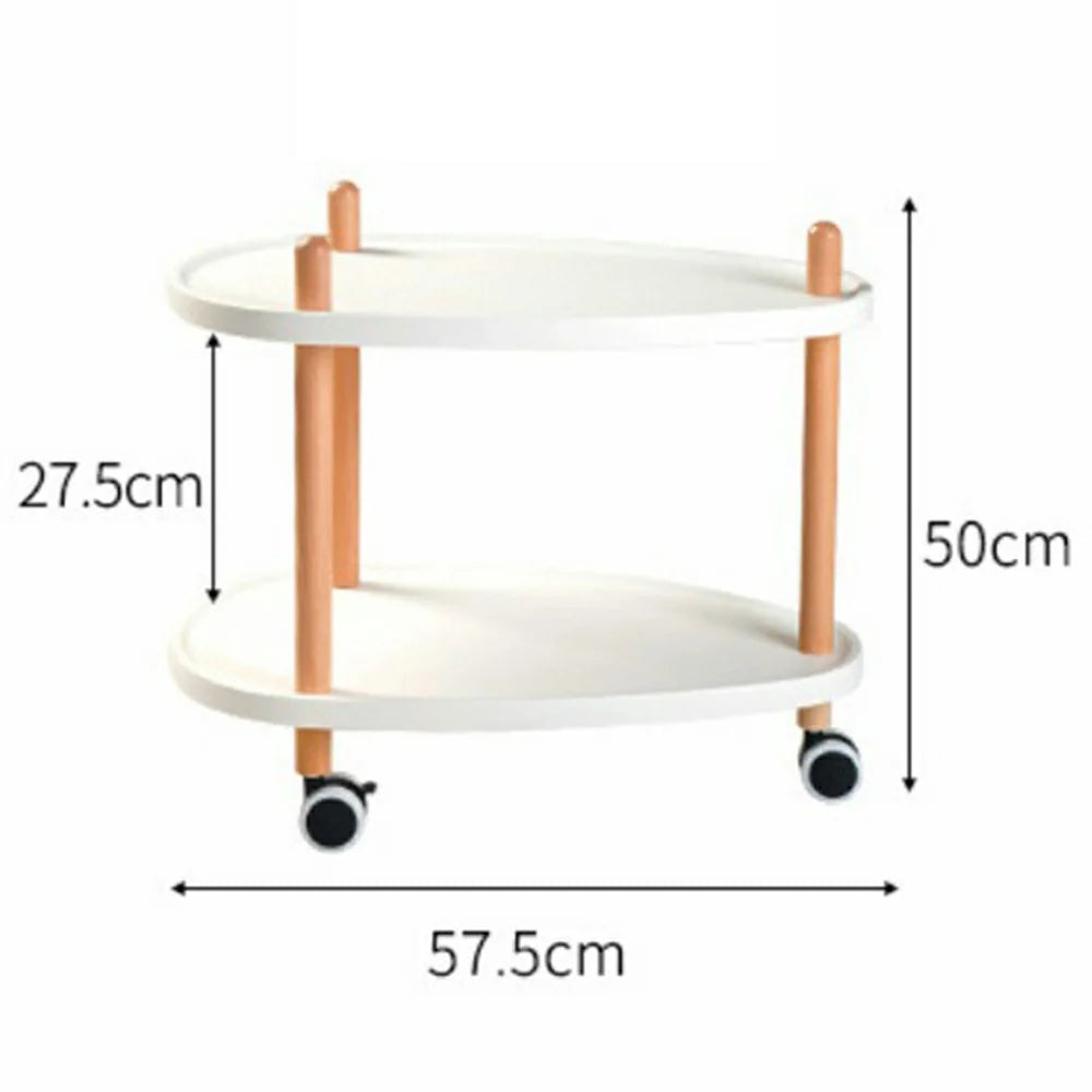 2-Tier Oval Style Side Table Mobile Storage Cart Rolling Utility Cart Wood Frame ABS Tray Lockable Wheels Storage Rack for Kitchen Bedroom - 6
