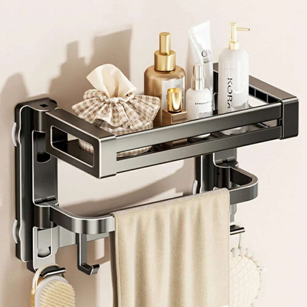 32x17x22cm 2-Tier Suction Cup Bathroom Shelf Foldable Wall Mount Storage Rack with Carbon Steel Towel Bar for Toilet Shower - Gunmetal Grey - 1