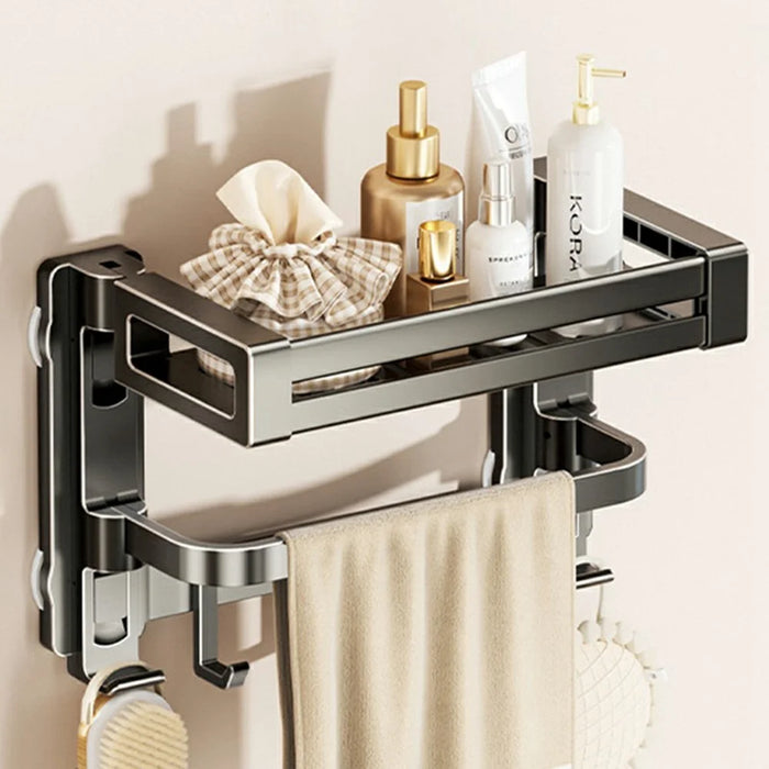 32x17x22cm 2-Tier Suction Cup Bathroom Shelf Foldable Wall Mount Storage Rack with Carbon Steel Towel Bar for Toilet Shower - Gunmetal Grey - 1