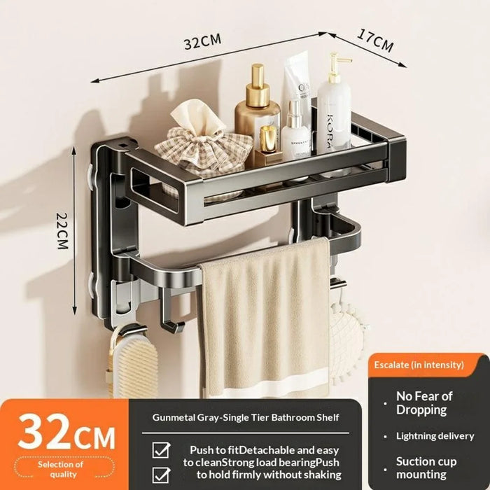 32x17x22cm 2-Tier Suction Cup Bathroom Shelf Foldable Wall Mount Storage Rack with Carbon Steel Towel Bar for Toilet Shower - Gunmetal Grey - 7
