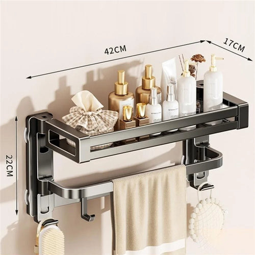 42x17x22cm 2-Tier Suction Cup Bathroom Shelf Foldable Wall Mount Storage Rack with Carbon Steel Towel Bar for Toilet Shower - Gunmetal Grey - 1