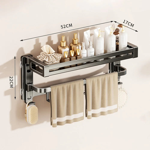 52x17x22cm 2-Tier Suction Cup Bathroom Shelf Foldable Wall Mount Storage Rack with Carbon Steel Towel Bar for Toilet Shower - Gunmetal Grey - 1
