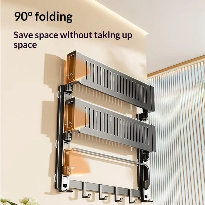 62x17x22cm 2-Tier Suction Cup Bathroom Shelf Foldable Wall Mount Storage Rack with Carbon Steel Towel Bar for Toilet Shower - Gunmetal Grey - 2